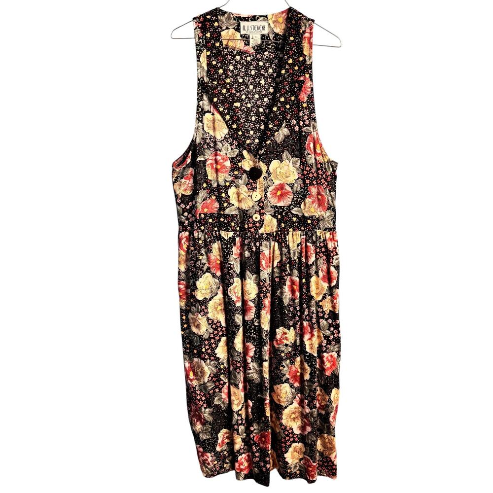 Vintage R.J. Stevens Floral Midi Dress Size 6 Black‎ Button Front Cottagecore